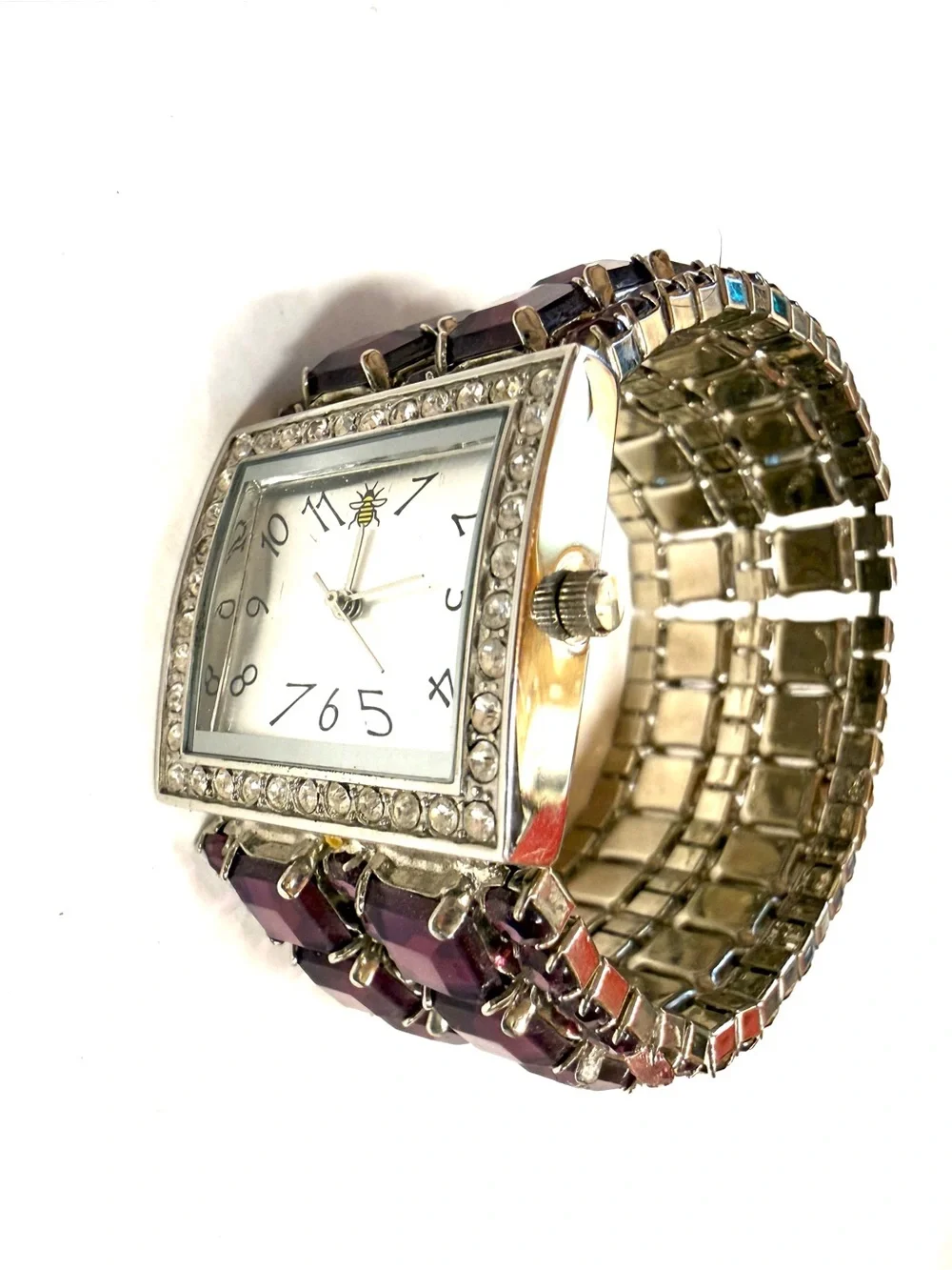 Vintage Oui Art Bee Watch Purple AB Iridescent Crystal Rhinestone Stretch Cuff